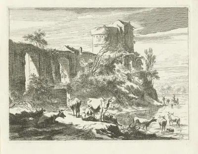 Landschap met ruïne en vee