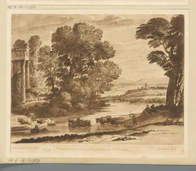 Landschap met ruïne en vee dat een rivier oversteekt