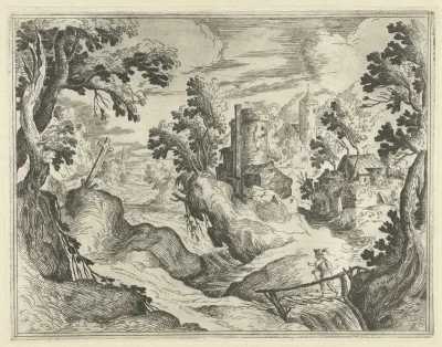 Landschap met ruïne en wandelaar
