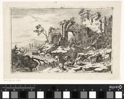 Landschap met ruïne en waterval