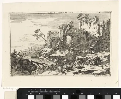 Landschap met ruïne en waterval