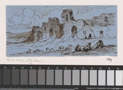 Landschap met ruïne en zittende figuren