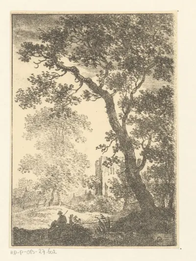 Landschap met ruïne en zittende figuur