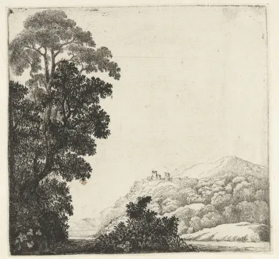 Landschap met ruïne op heuvel