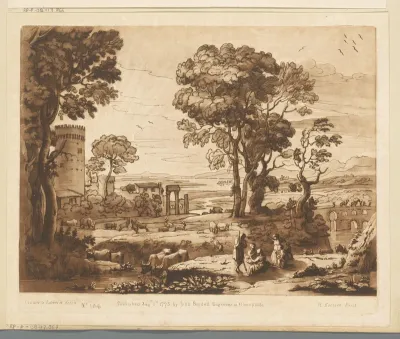 Landschap met ruïne, toren, stenen brug en musicerende herders