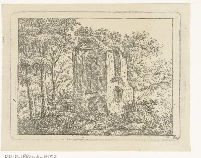 Landschap met ruïne tussen bomen
