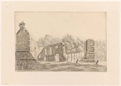 Landschap met ruïne van een kerk te Bergen