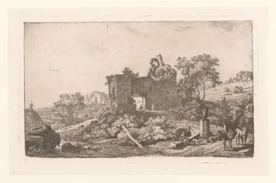 Landschap met ruïne van een poort en figuren