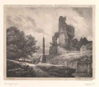 Landschap met ruïne van een poortgebouw