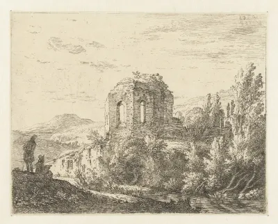 Landschap met ruïne van een tempel en twee tekenaars