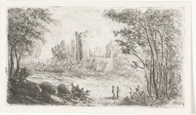 Landschap met ruïne van kasteel en twee figuren