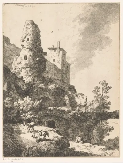 Landschap met ruïnes, aan de voet rust een herder met zijn kudde