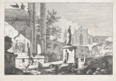 Landschap met ruïnes, een beeld en een kerk