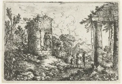 Landschap met ruïnes en drie pelgrims