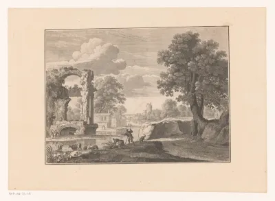 Landschap met ruïnes en drinkend vee