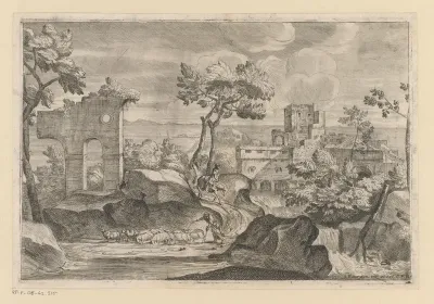 Landschap met ruïnes en een herder