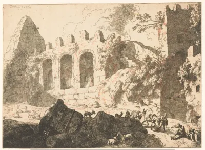 Landschap met ruïnes en een piramide