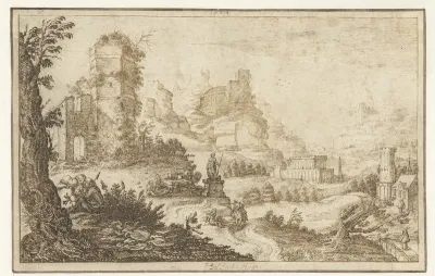 Landschap met ruïnes en een standbeeld