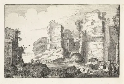 Landschap met ruïnes en een watermolen