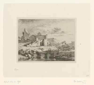 Landschap met ruïnes en figuren op een brug