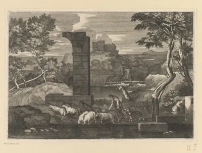 Landschap met ruïnes en herder met kudde