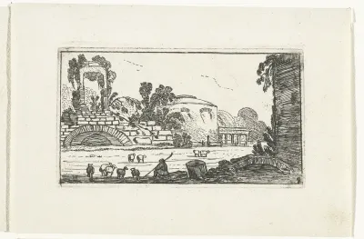 Landschap met ruïnes en herder met schapen