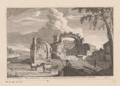 Landschap met ruïnes en herders met kudde op de voorgrond