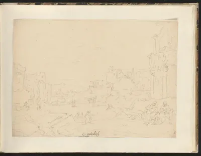 Landschap met ruïnes en mensen