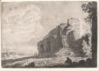 Landschap met ruïnes en op de voorgrond een zittende man