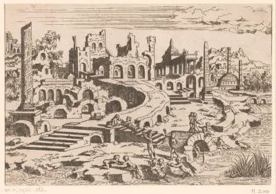 Landschap met ruïnes en putti