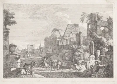 Landschap met ruïnes en reizigers
