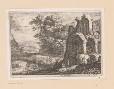 Landschap met ruïnes en tekenaar