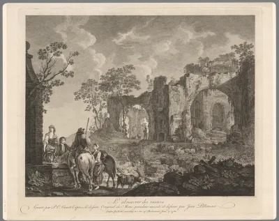 Landschap met ruïnes en vier figuren bij een drinkbron