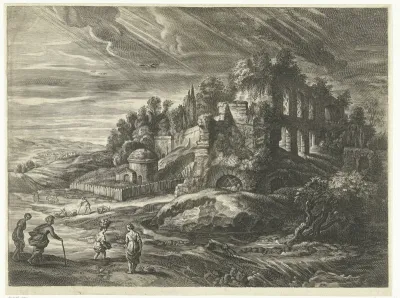 Landschap met ruïnes en vrouwen bij beek
