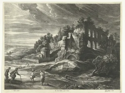 Landschap met ruïnes en vrouwen bij beek