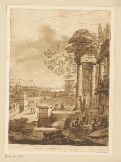 Landschap met ruïnes en vrouwen die een lichaam in een sarcofaag leggen