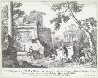Landschap met ruïnes en waterbassin