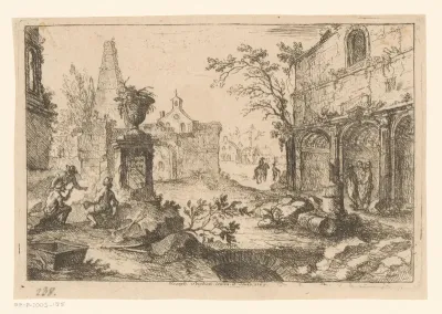Landschap met ruïnes en werklieden