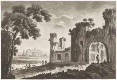 Landschap met ruïnes, herders en wandelaars