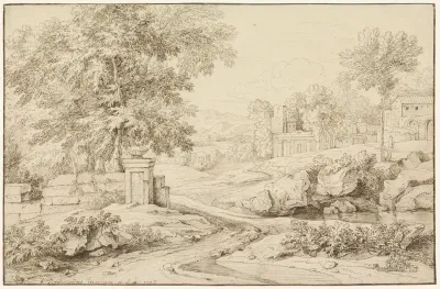 Landschap met ruïnes, links een vervallen muur
