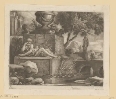 Landschap met ruïnes, sculpturen en twee figuren op een brug