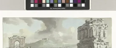 Landschap met ruïnes van een boog en grafmonument bij Voye Appienne