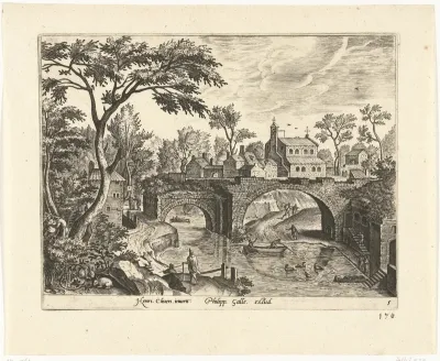 Landschap met ruïnes van een brug