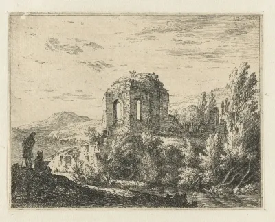 Landschap met ruïnes van een tempel en twee tekenaars
