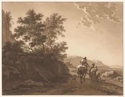 Landschap met ruiter die een aalmoes geeft aan een man met familie op een pad langs de kust