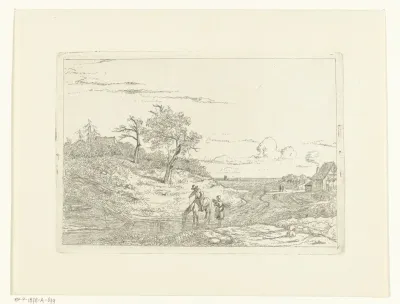 Landschap met ruiter die paard laat drinken en meisje met takkebos