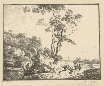 Landschap met ruiter en herder met twee runderen bij een boom met klimplanten aan het water