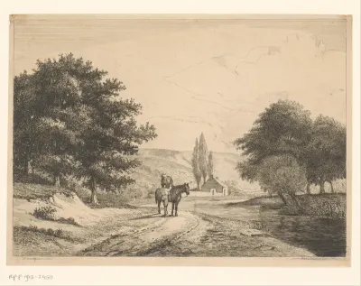 Landschap met ruiter en voetganger in gesprek
