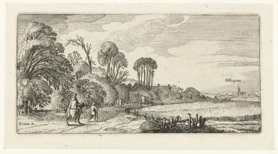 Landschap met ruiter en wandelaar op een weg bij Hillegom