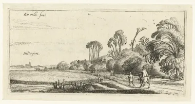 Landschap met ruiter en wandelaar op een weg bij Hillegom